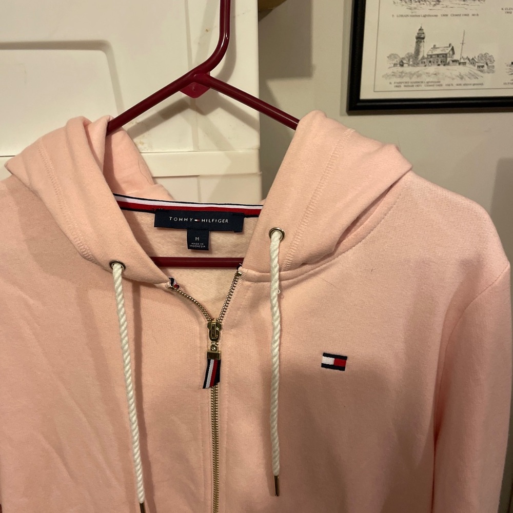 Tommy Hilfiger Women's Pink Flag Logo Casual Full Zip Hoodie Jacket Size M.